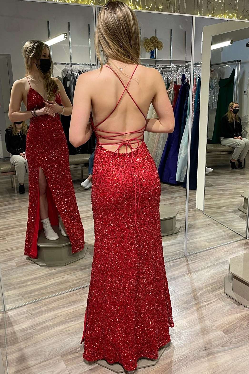 Red Sequin V-Neck Lace-Up Long Prom Dress with Slit