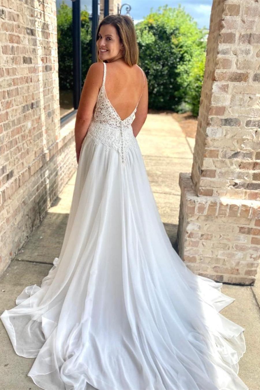 White Lace Straps Backless Long Wedding Dress