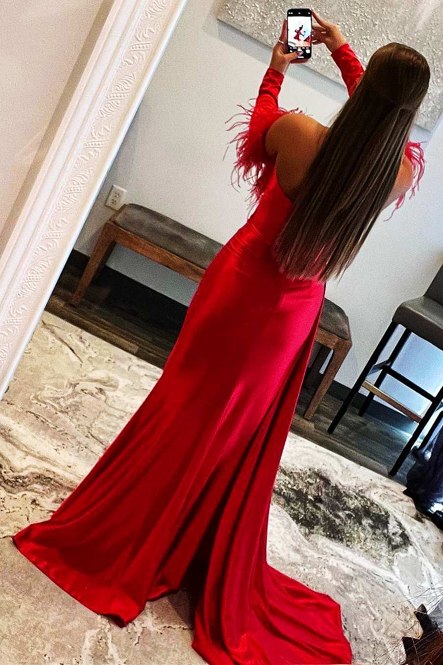 Red Strapless Long Sleeve Mermaid Prom Dress with Slit