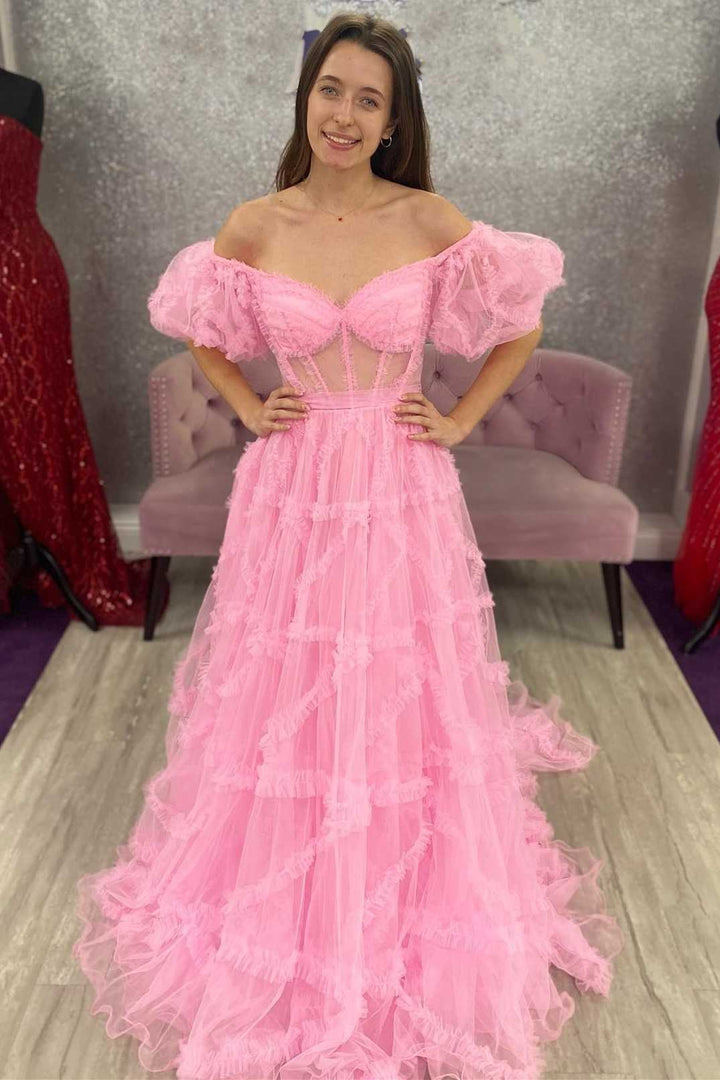 Light Blue Sheer Corset Ruffles A-Line Prom Dress with Puff Sleeves