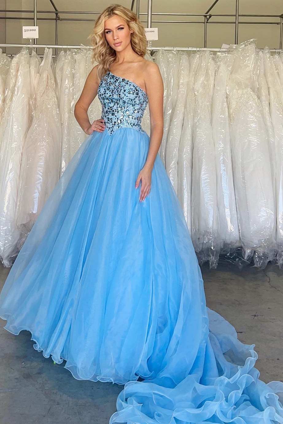 Stunning One-Shoulder Blue A-Line Long Prom Gown