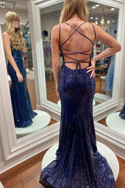 Navy Blue Sequin V-Neck Lace-Up Mermaid Long Prom Dress