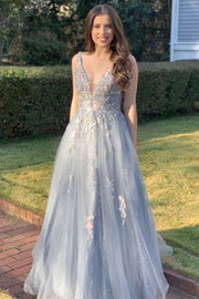 Light Gray Tulle Appliques V-Neck A-Line Long Prom Gown