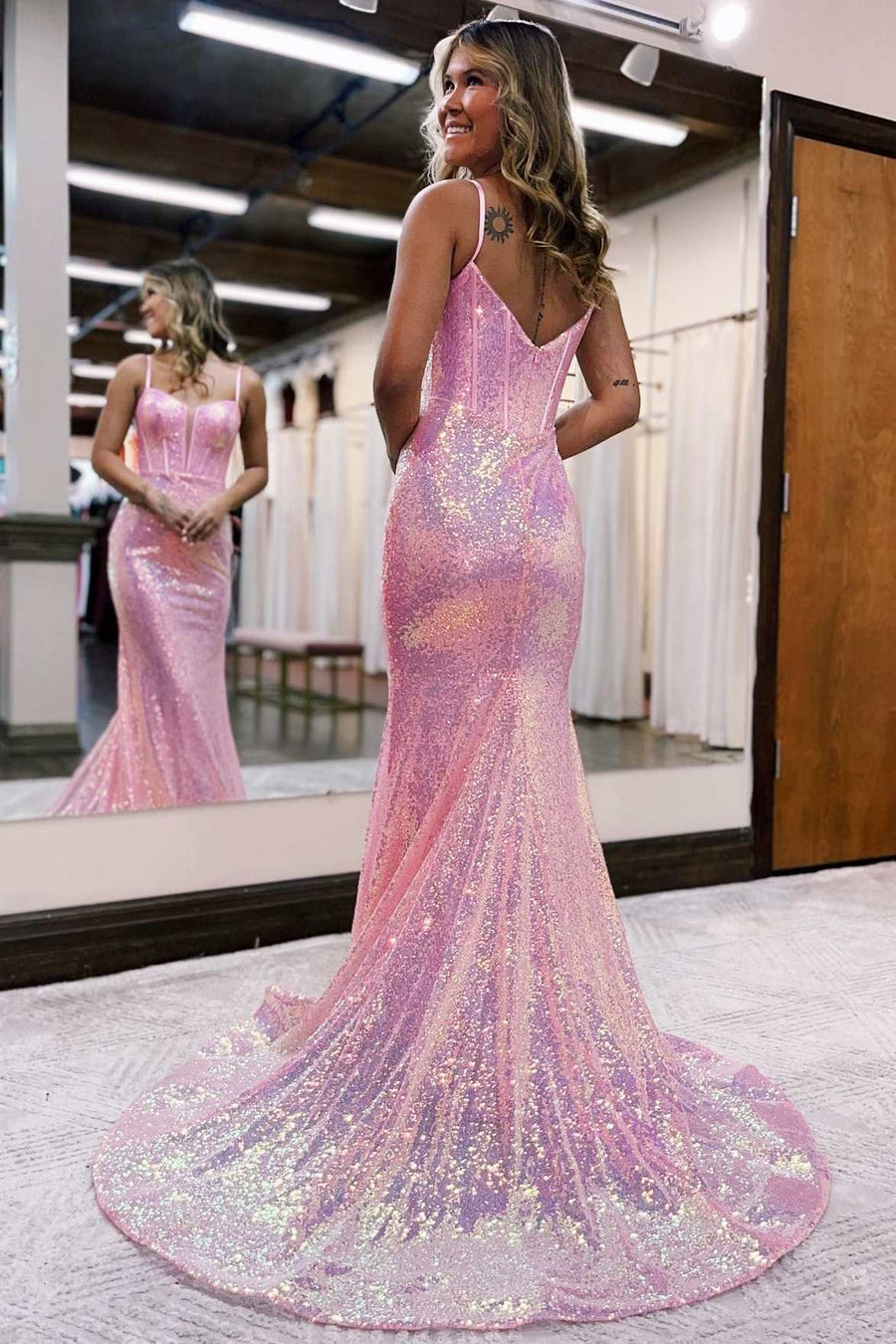 Iridescent Pink Scoop Neck Straps Trumpet Long Prom Dress Modsele Iridescent Pink Scoop Neck Straps Trumpet Long Prom Dress Modsele