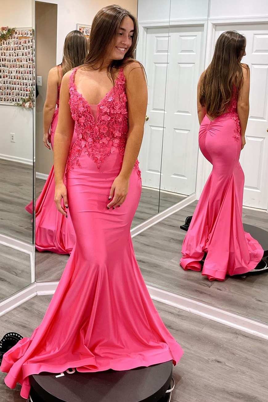 Pink Transparent Lace 3D Rose Mermaid Prom Dress - Xdressy