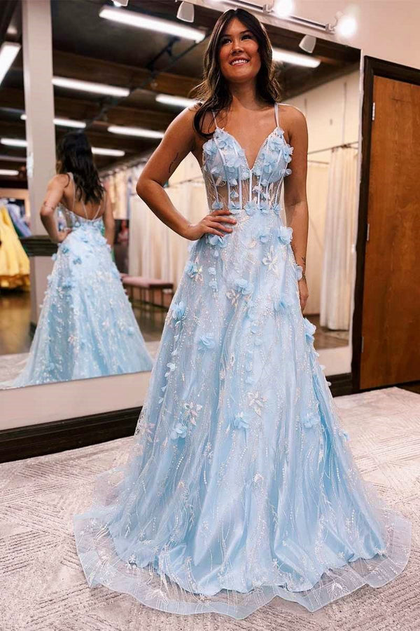 Princess Light Blue 3D Floral Lace V-Neck A-Line Long Prom Dress Modsele Princess Light Blue 3D Floral Lace V-Neck A-Line Long Prom Dress Modsele