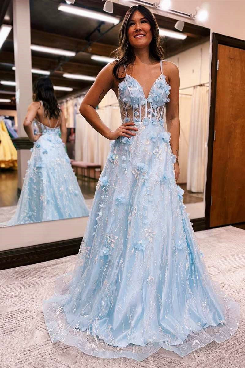 Princess Light Blue 3D Floral Lace V-Neck A-Line Long Prom Dress
