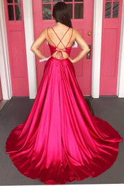 Magenta V-Neck Lace-Up Back A-Line Long Prom Dress