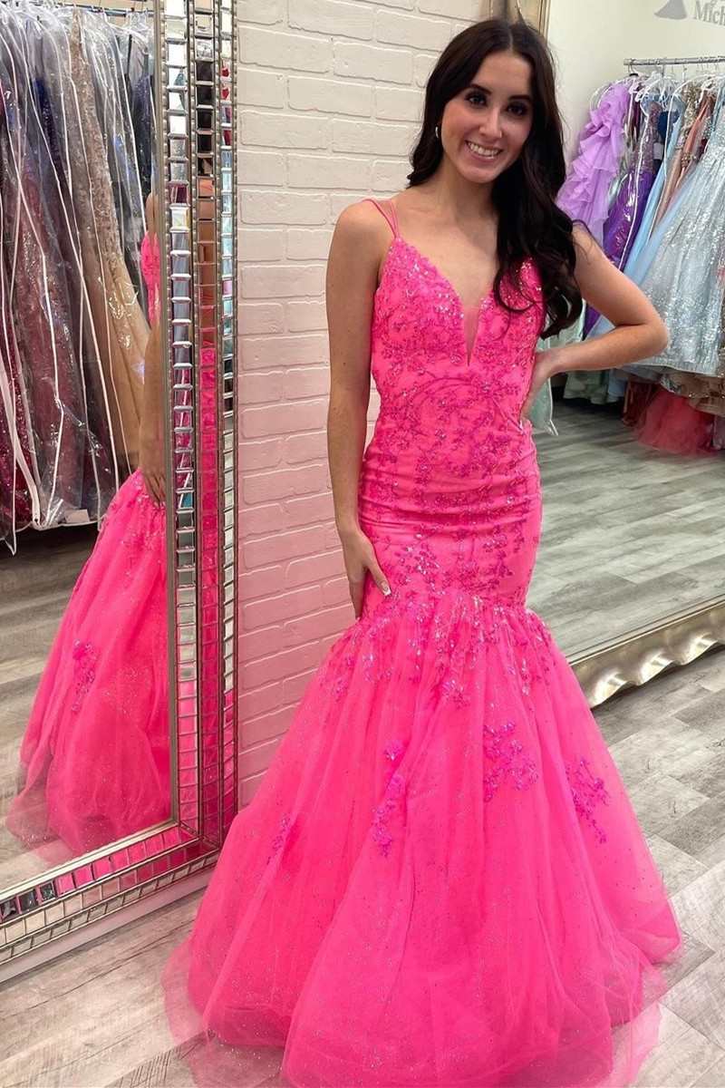 Hot Pink Tulle Lace V-Neck Trumpet Long Prom Dress