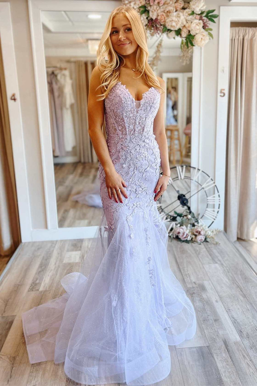 Lavender Floral Lace Lace-Up Back Trumpet Long Prom Dress Modsele Lavender Floral Lace Lace-Up Back Trumpet Long Prom Dress Modsele