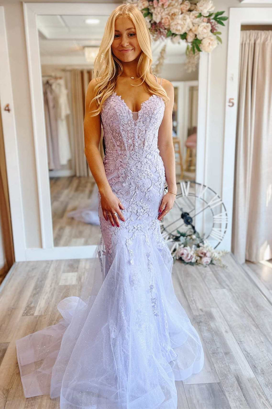 Lavender Floral Lace Lace-Up Back Trumpet Long Prom Dress Modsele Lavender Floral Lace Lace-Up Back Trumpet Long Prom Dress Modsele