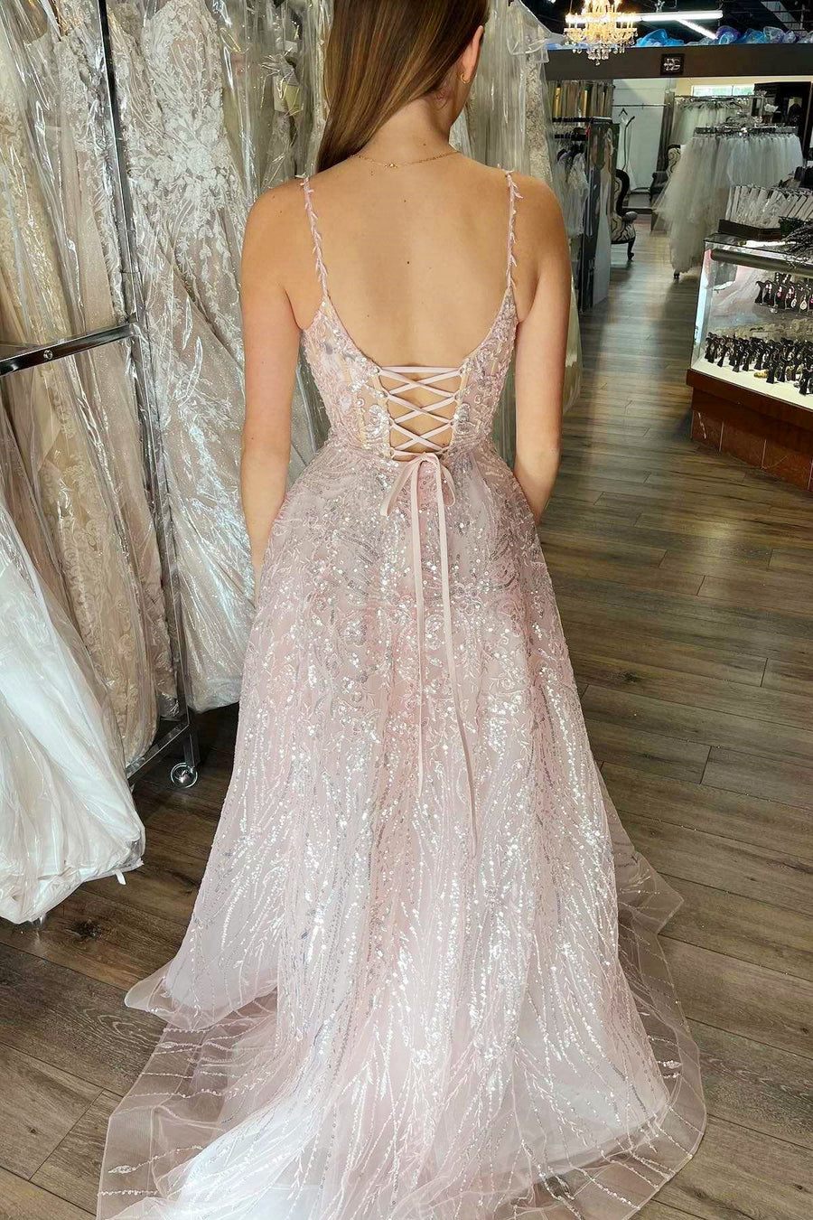 Pink Tulle Sequin V-Neck Lace-Up A-Line Long Prom Dress