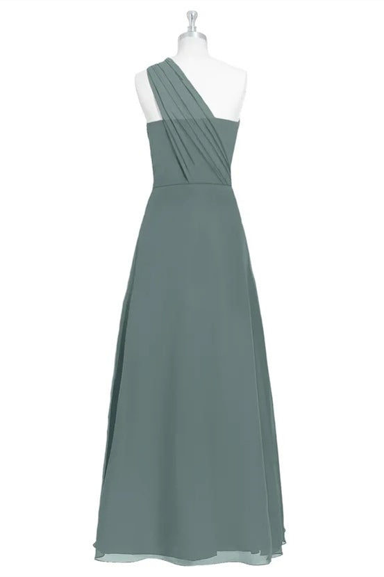 Dark Sage Green One-Shoulder A-line Long Bridesmaid Dress