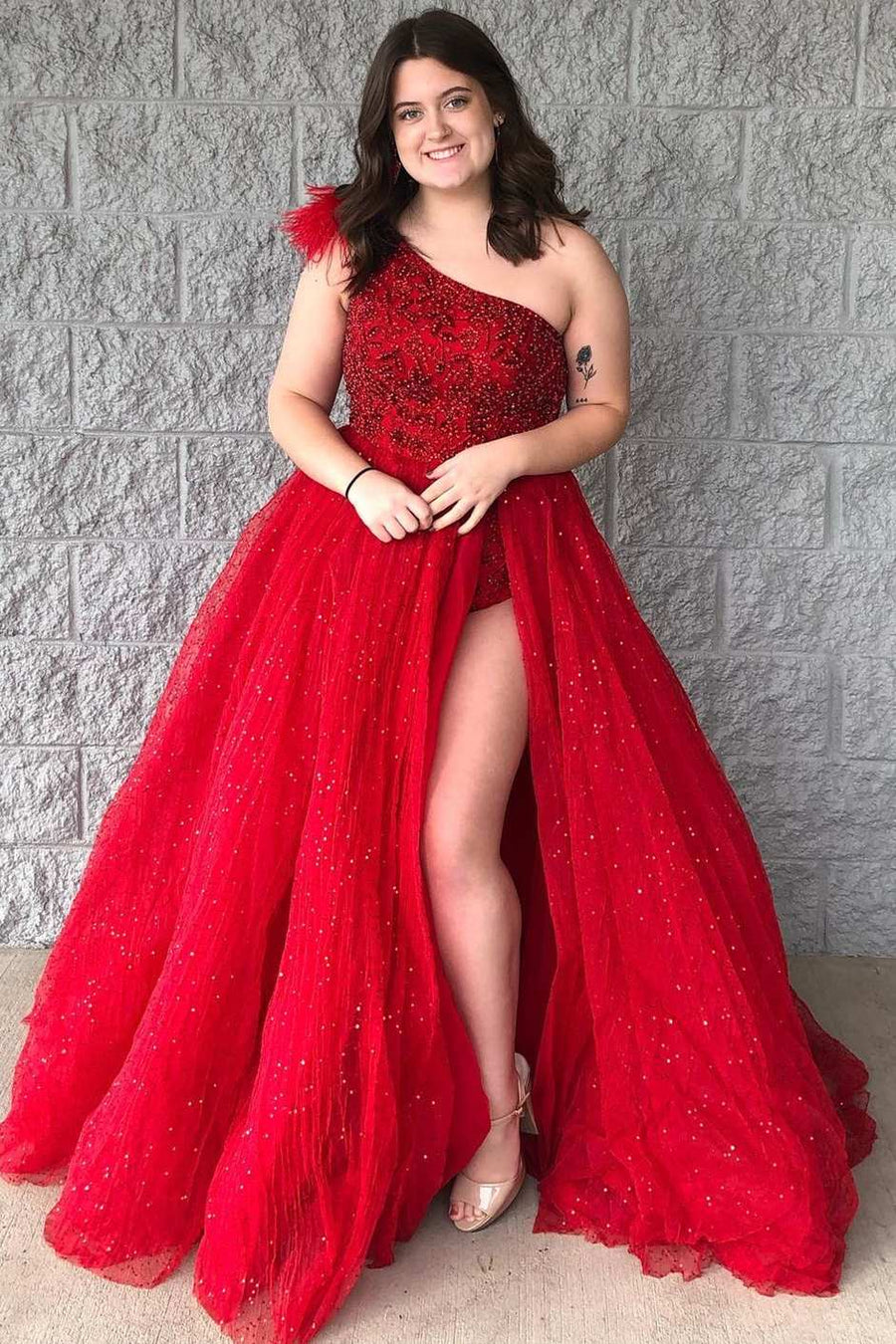 Red Beaded One-Shoulder Long Prom Dress with Slit