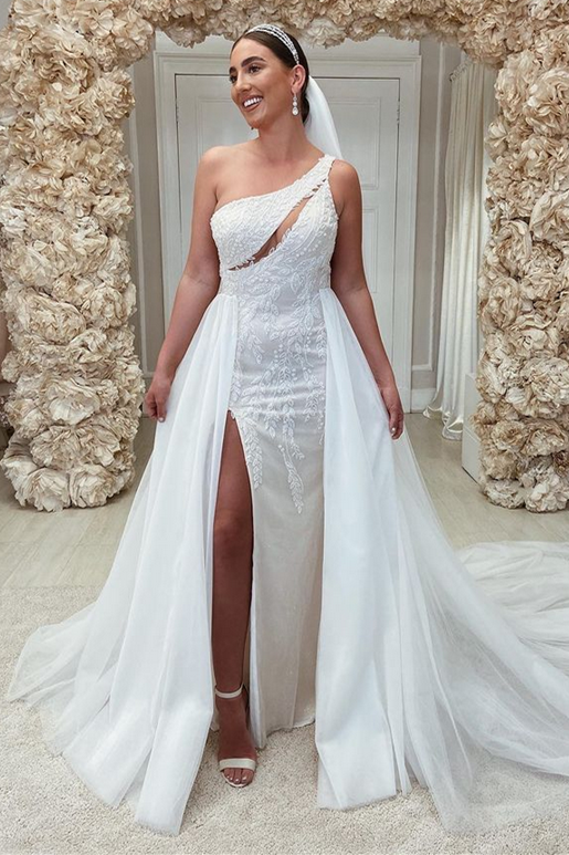 White Beaded One-Shoulder Cutout Wedding Dress Modsele White Beaded One-Shoulder Cutout Wedding Dress Modsele