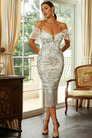 Silver Fish Scales Off-the-Shoulder Cocktail Dress with Fringes