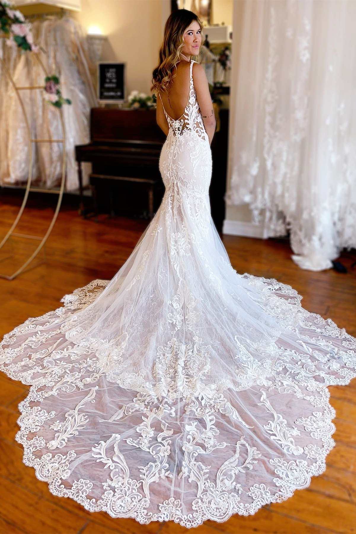 White Lace Plunge V Backless Trumpet Long Wedding Dress