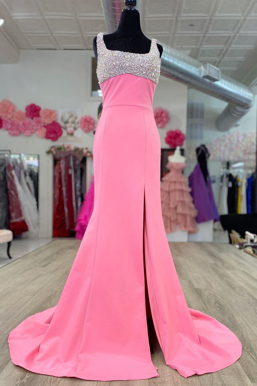 Beaded Square Neck Mermaid Long Prom Dress with Slit