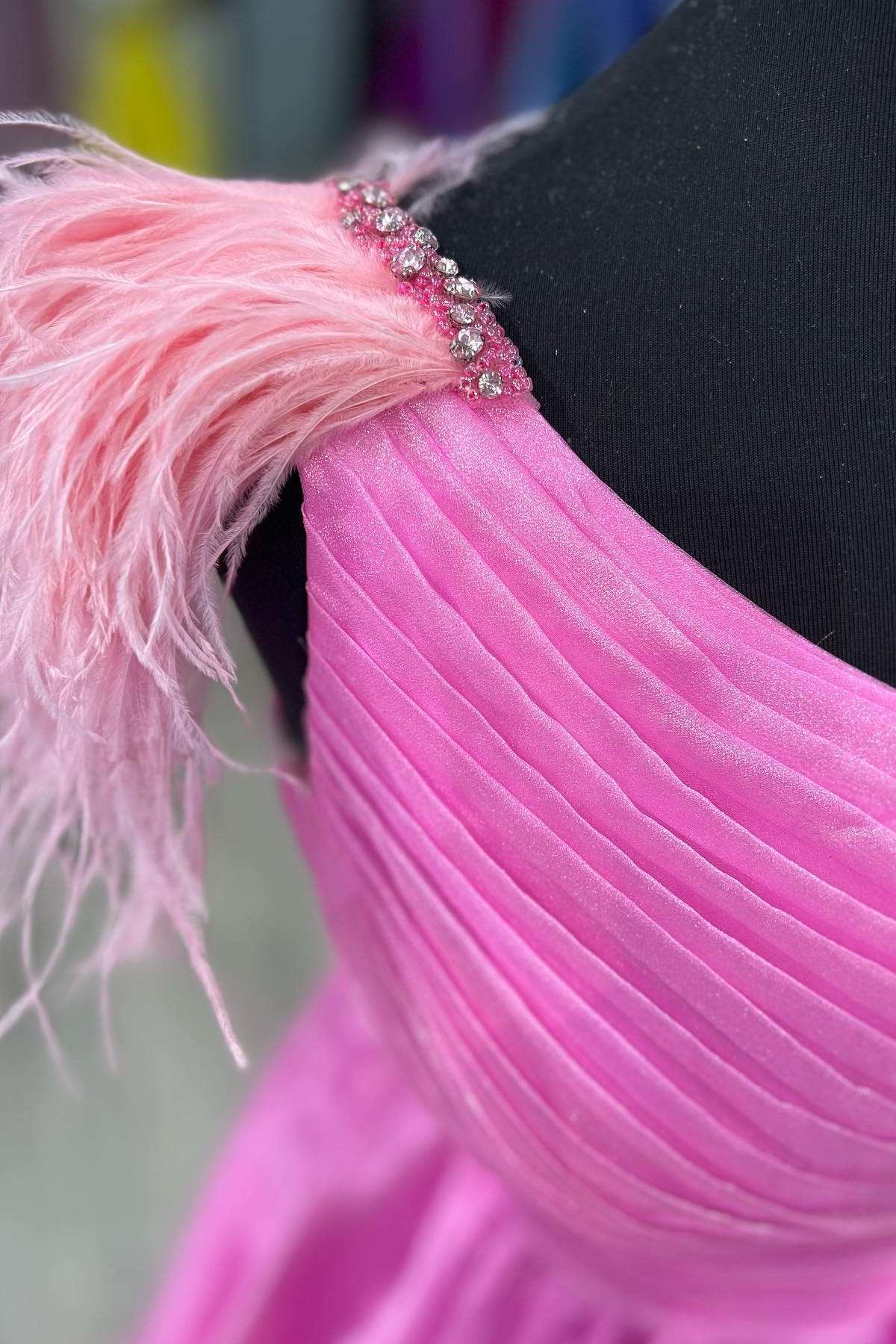 One-Shoulder Ruching A-Line Long Prom Dress with feathers in pink