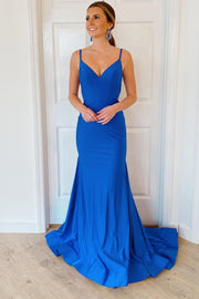 Blue V-Neck Spaghetti Strap Mermaid Long Formal Dress