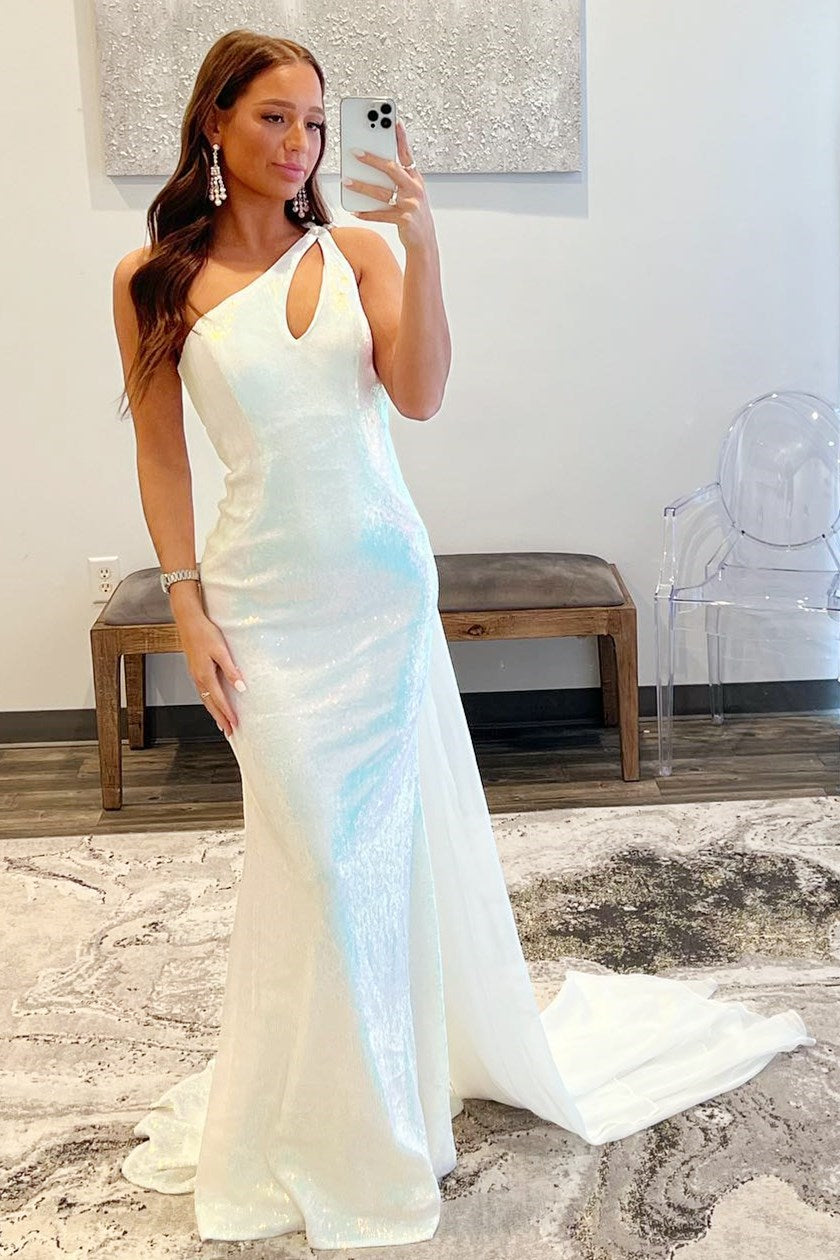 White Sequins One-Shoulder Cut-Out Long Prom Dress with Scarf