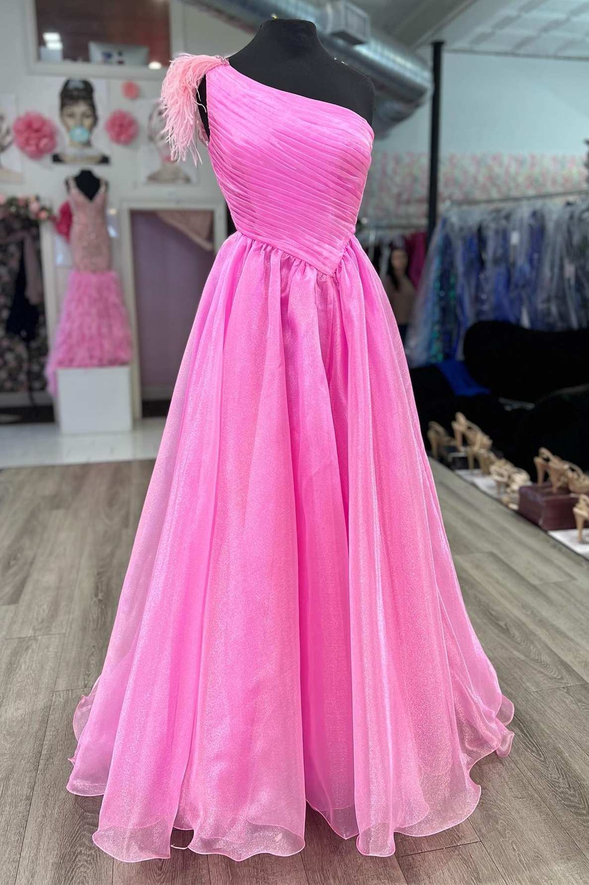 One-Shoulder Ruching A-Line Long Prom Dress with feathers in pink