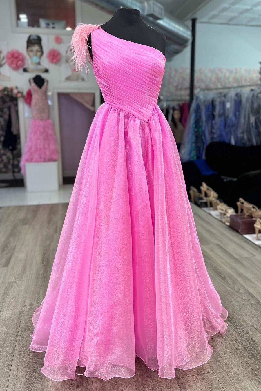 Pink Feather One-Shoulder Ruching A-Line Long Prom Dress