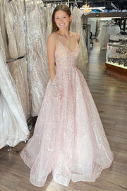 Pink Tulle Sequin V-Neck Lace-Up A-Line Long Prom Dress
