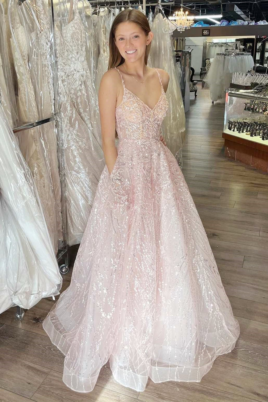 Pink Tulle Sequin V-Neck Lace-Up A-Line Long Prom Dress