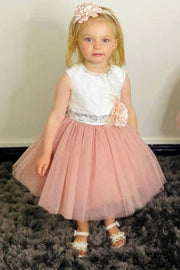 White and Dusty Pink Backless A-Line Flower Girl Dress