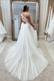 White Beaded One-Shoulder Cutout Wedding Dress