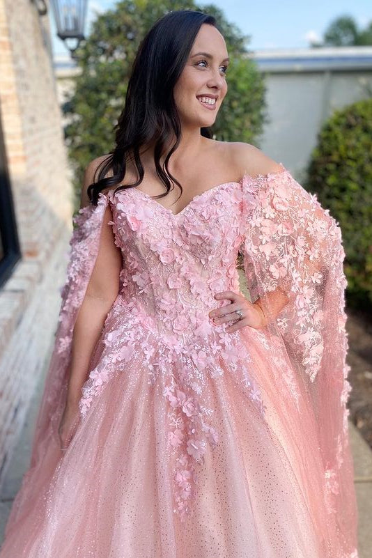 Pink Floral Lace Off-the-Shoulder Ball Gown with Cape Sleeves