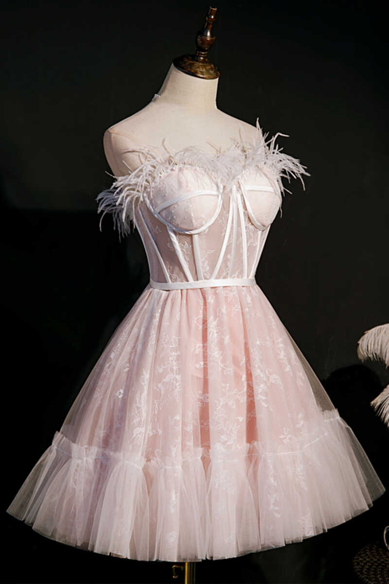Pink Feather Strapless A-Line Short Homecoming Dress