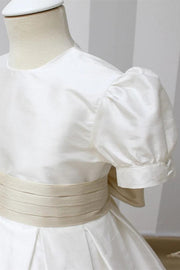Off White Satin Puff Sleeve Banded Waist Bow Girl Party Dress