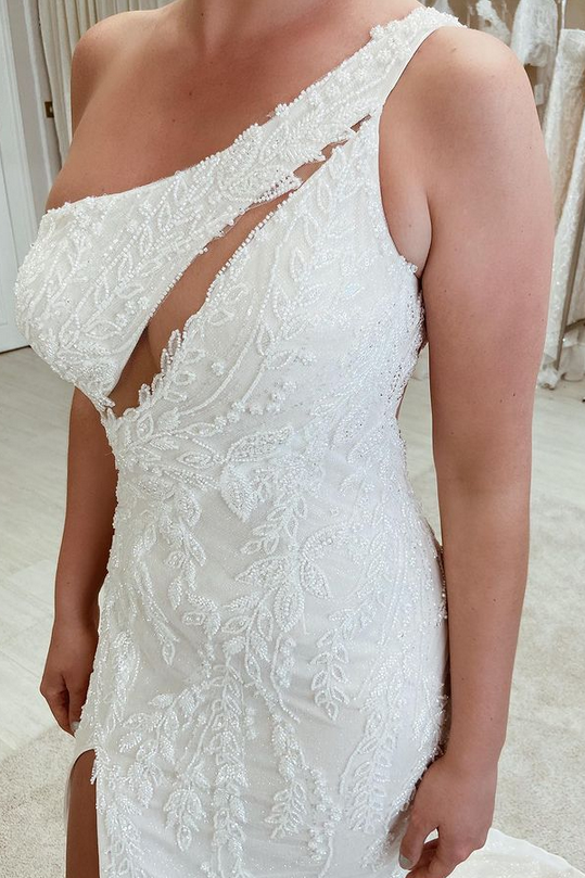 White Beaded One-Shoulder Cutout Wedding Dress