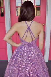 Purple Sequin Halter Backless A-Line Long Ball Gown