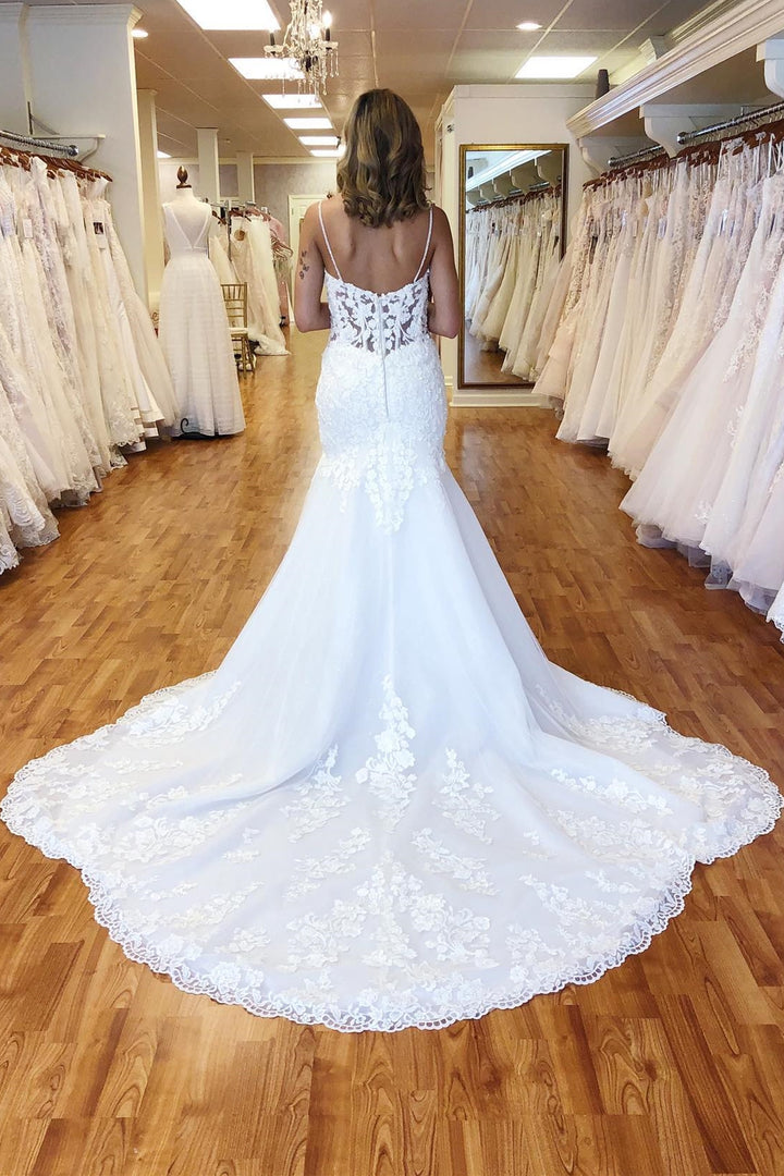 White Lace Bustier Keyhole Straps Mermaid Long Wedding Dress