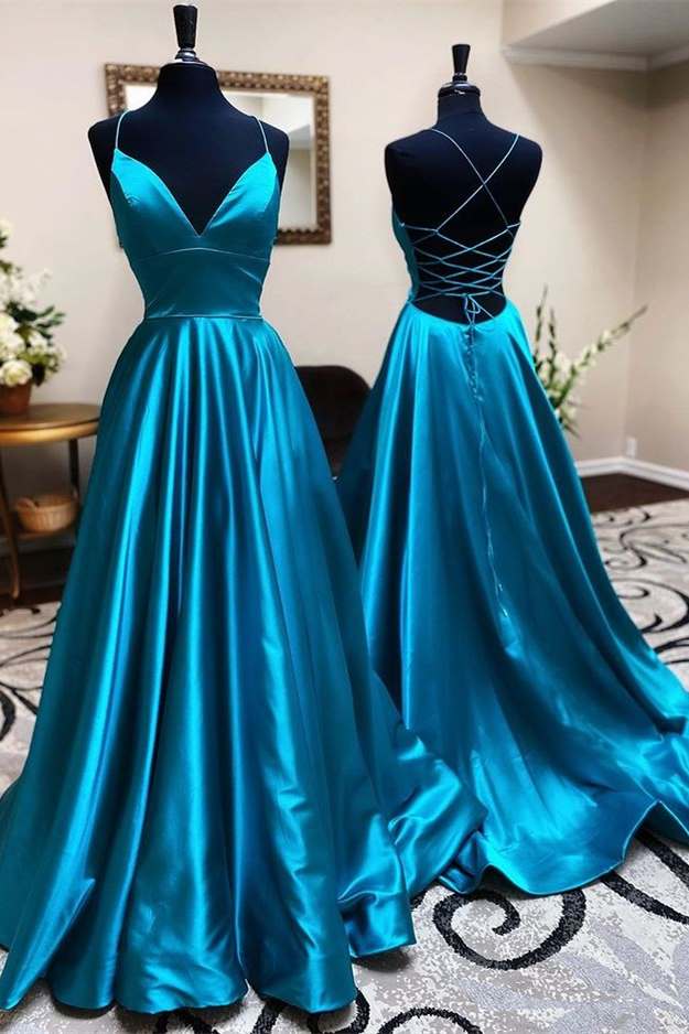 A-Line Pleated Teal Blue V-Neck Lace-Up Long Formal Dress