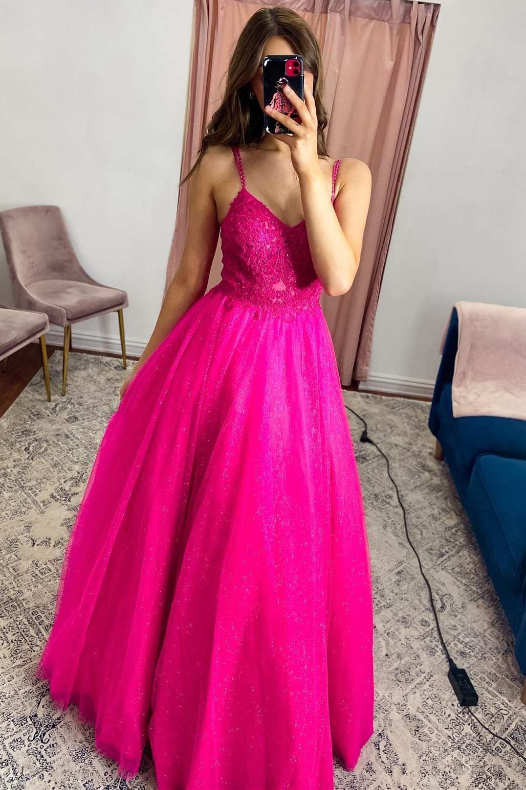 Fuchsia Tulle Lace V-Neck A-Line Long Prom Dress