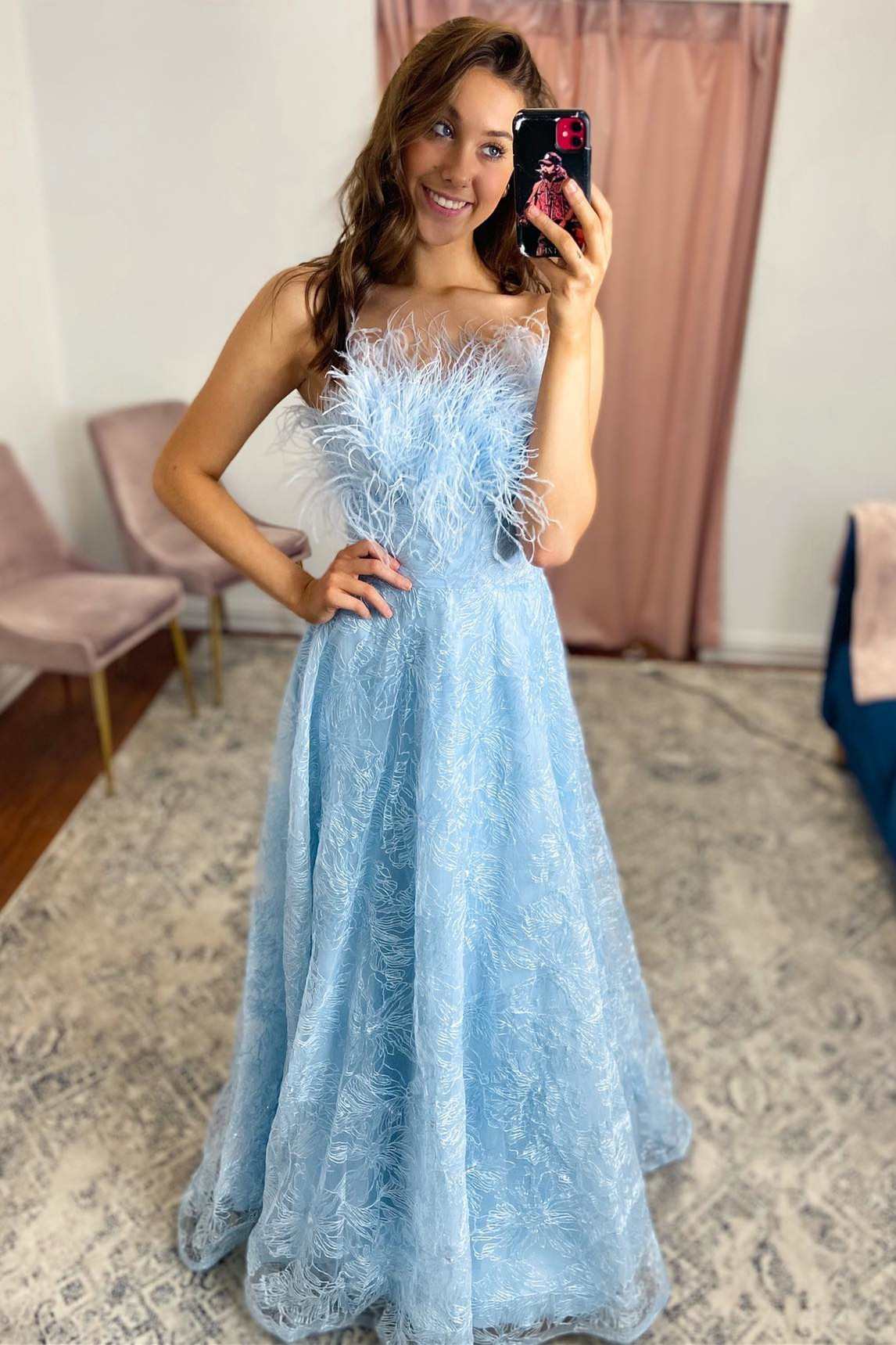 Light Blue Feathers Lace Strapless A-Line Prom Dress