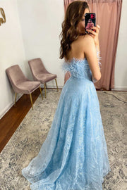 Light Blue Feathers Lace Strapless A-Line Prom Dress