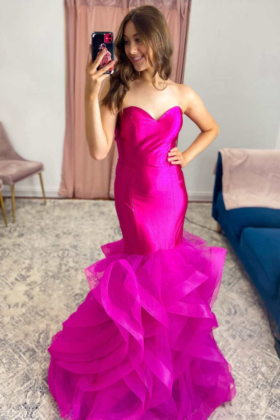 Fuchsia Strapless Layers Trumpet Long Formal Gown