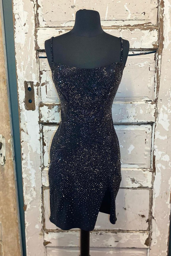 Beaded Light Blue Bodycon Party Dress with Slit