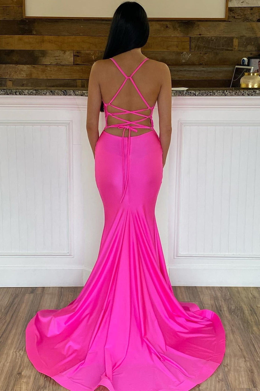 Neon Pink Mermaid V-Neck Lace-Up Back Long Dress
