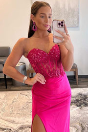 Barbie Pink Lace Strapless Sheath Dress with Slit