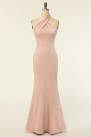 Blush Chiffon Cross-Front Backless Long Bridesmaid Dress