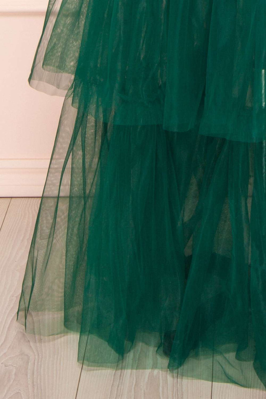 Green Tulle Off-the-Shoulder A-Line Tiered Prom Dress