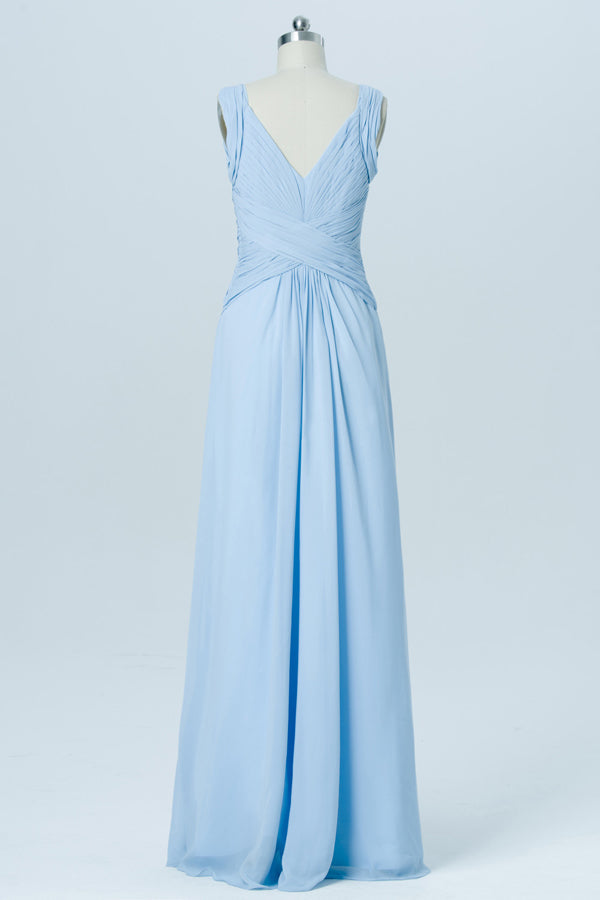 Light Blue Chiffon V-Neck Banded Waist Bridesmaid Dress