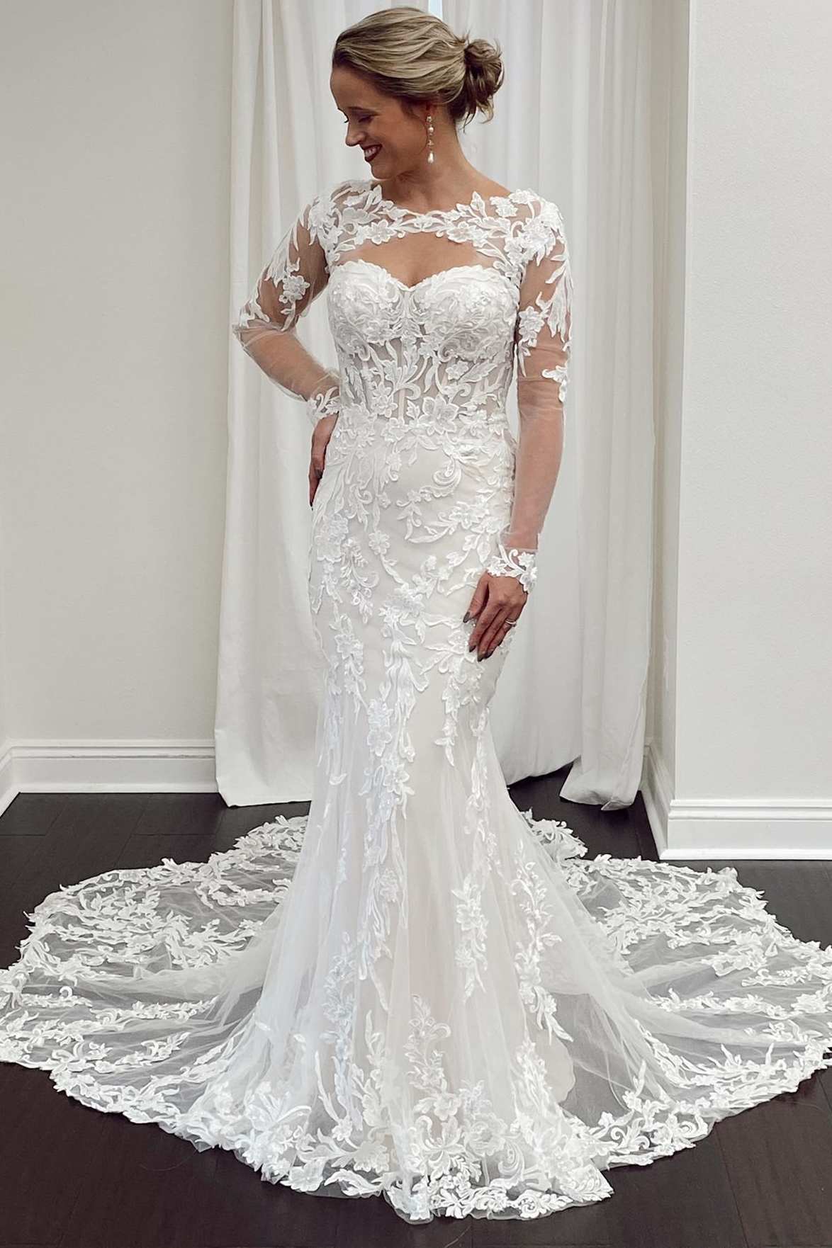 White Lace Cutout Long Sleeves Trumpet Bridal Gown Modsele White Lace Cutout Long Sleeves Trumpet Bridal Gown Modsele