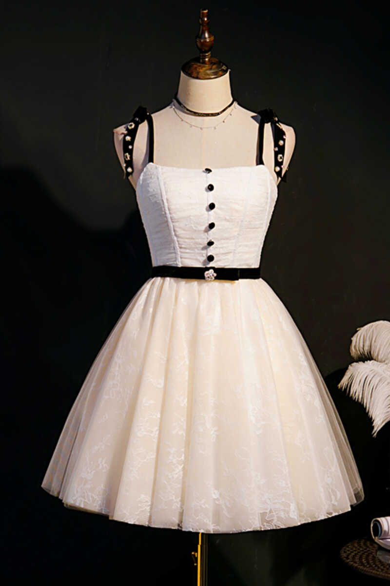 Beige Bow Straps Backless A-Line Short Homecoming Dress – Modsele